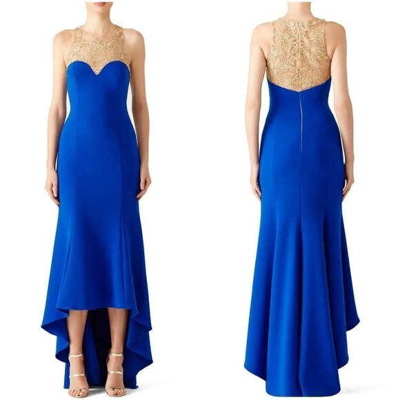 Marchesa Notte Blue Gold Lace Formal Gown $995 - Picture 1 of 11